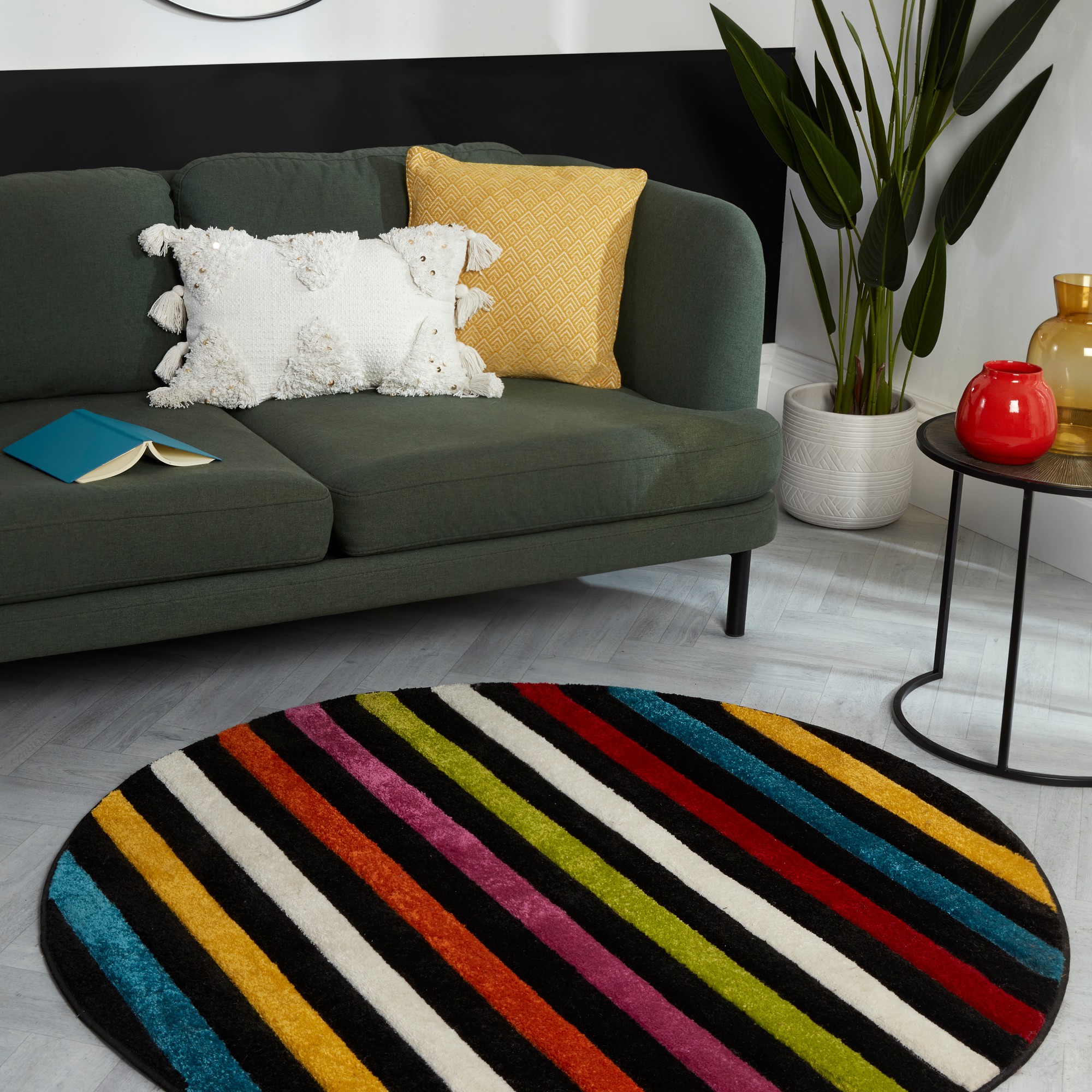 Spectra Stilo Carved Striped Modern Circle Rugs In Multi